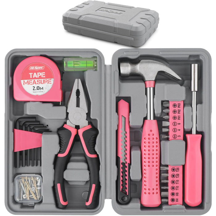 25pc Pink Portable and Compact Household DIY Tool Kit. Small Tool Box Set of Starter Tools