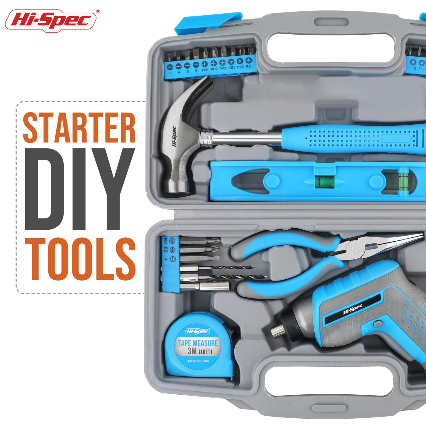 HiSpec 35pc Blue tool kit with 3.6V USB Electric Screwdriver and dril