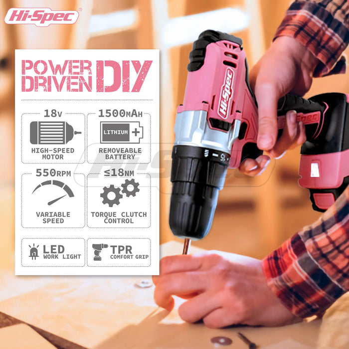 81pc Pink 18V Cordless Power Drill Driver with Bit Set and Home DIY Tool Kit. All in a Folding Carry Case