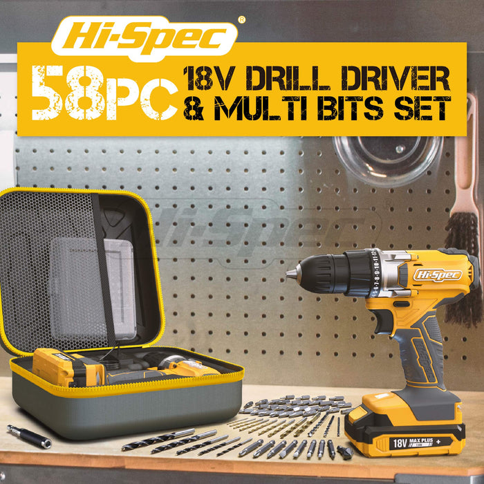 58pc 18V Yellow Cordless Power Drill Driver and Drill Bit Set. All in a Portable and Compact Zipper Case