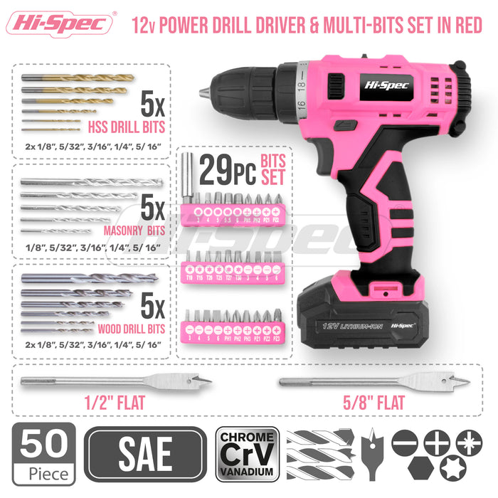 50pc Pink 12V Cordless Power Drill Driver and Drill Bit Set in a Portable Carry Case