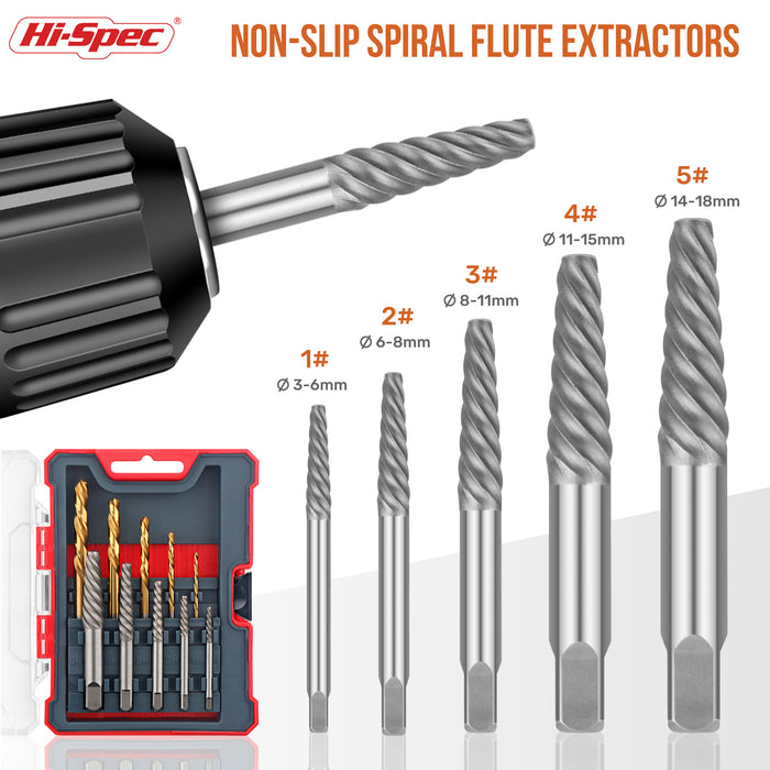 Set di 10 estrattori per viti danneggiate al Cr-Mo e punte da trapano HSS per dimensioni da 1#-9mm a 5#-13mm con filettatura grossa