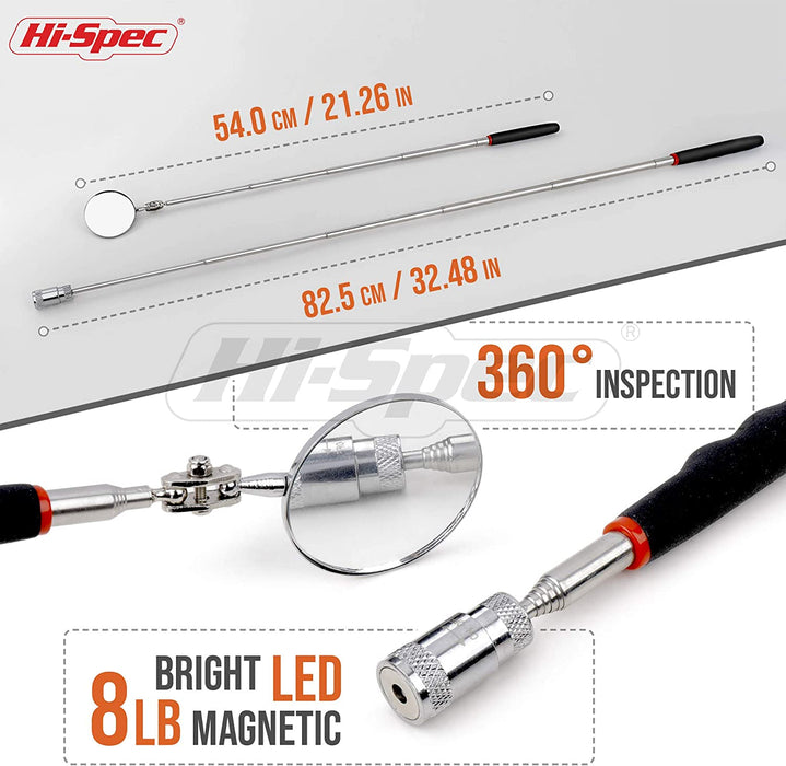 Hi-Spec Piece Magnetic LED Pick-Up & Mirror Tools With Tray