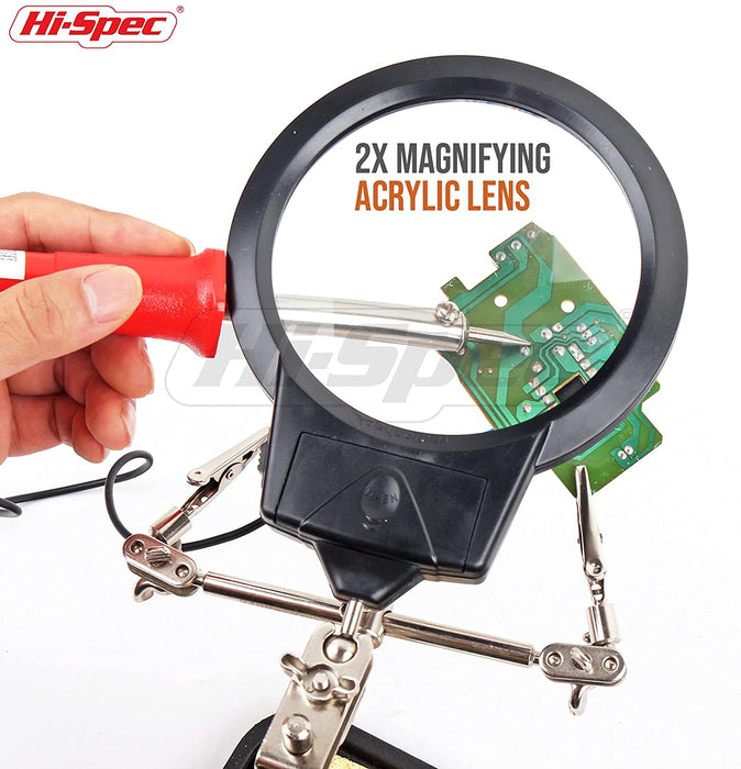Hi-Spec 1 Piece Helping Hands Solder Stand with Magnifying Lens & LEDs. Third Hand Iron Base Holder with Adjustable Clips for Clamping in Electronics, Models, Hobby & Craftwork 