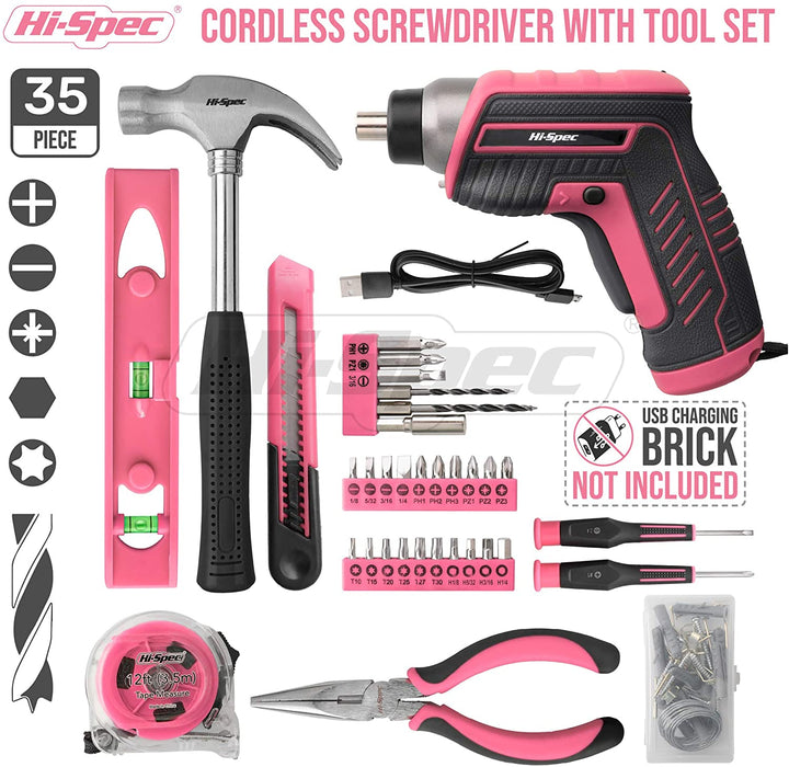 Hi-Spec 35 Piece Home DIY Tool Kit with USB Rechargeable Electric Power Screwdriver