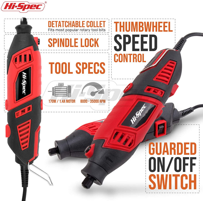 Hi-Spec 134 Piece 160W 1.4A Corded Rotary Power Tool & 8 Attachments Set
