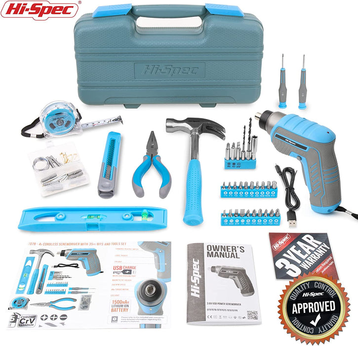 Hi-Spec 35 Piece Home DIY Tool Kit with USB Rechargeable 3.6V Electric Power Screwdriver
