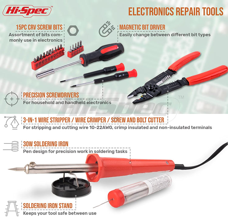 Hi-Spec 60 Piece Electronics Electrical Engineer Tool Kit with 30W Soldering Iron, Desoldering Pump, Wire Crimper, Stripper, Cutter, Magnetic Ratcheting Screwdriver and Bits, IC Extractor Tool in Case aHi-Spec 60 Piece Electronics Electrical Engineer Tool Kit