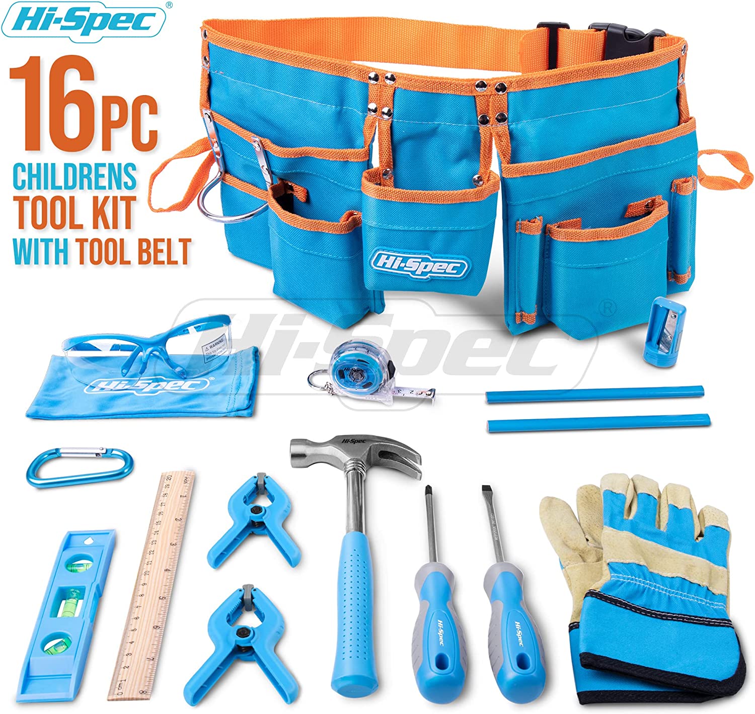 REXBETI 18pcs Blue Young Builder's Tool Set with Real Hand Tools,  Reinforced Kids Tool Belt, Waist 20-32, Kids Learning Tool Kit for Home  DIY and