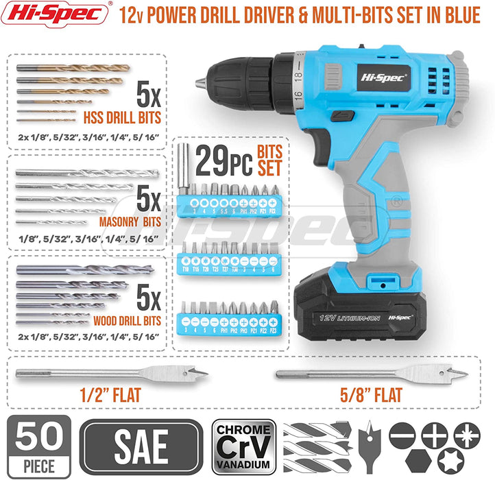 Hi-Spec 50 Piece 12V Blue Drill Driver & Multi Bit Set