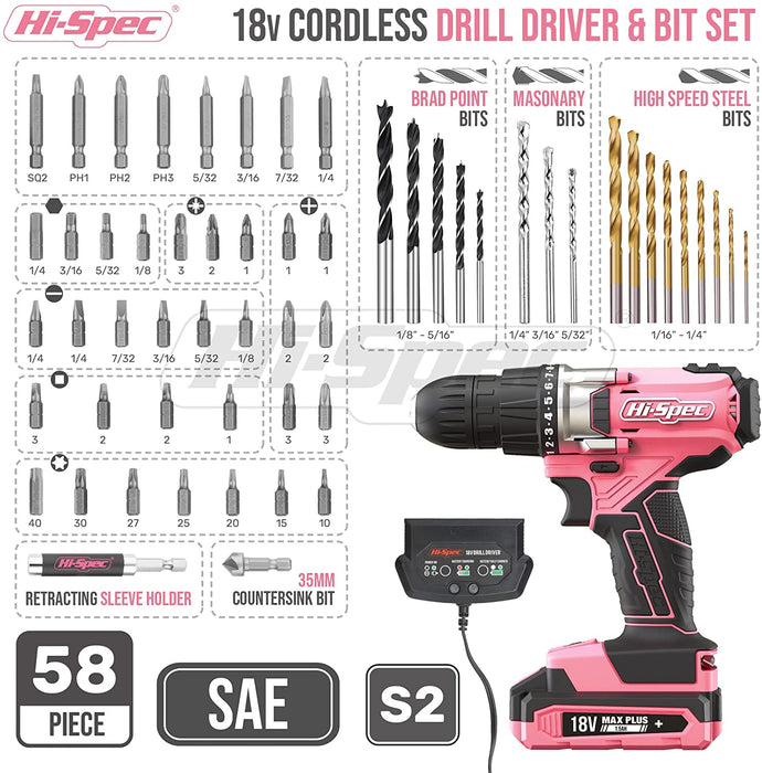 Hi-Spec 58 Piece 18V Pink Drill Driver & Multi Bit Set