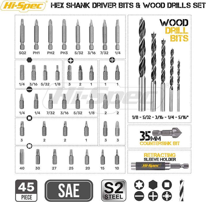Hi-Spec 44 Piece 1/4” Hex Shank Impact Driver Screw Bits Set — HI