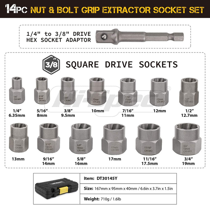 Hi-Spec 14 Piece Nut & Bolt Grip Extractor Socket Set