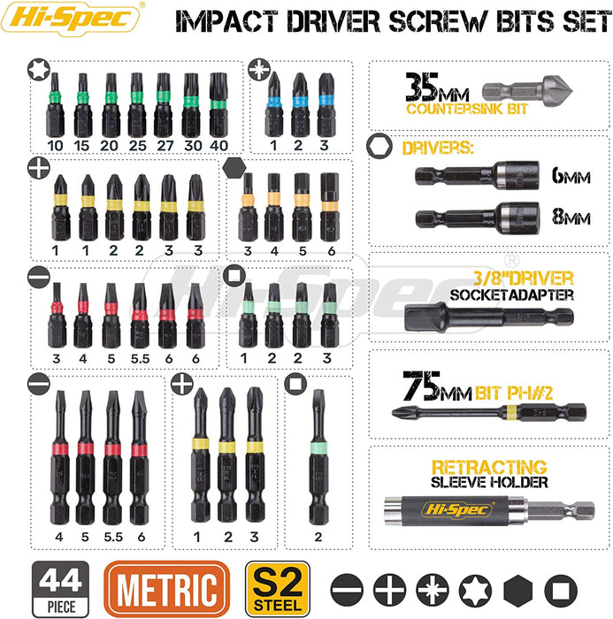 Hi-Spec 44 Piece 1/4” Hex Shank Impact Driver Screw Bits Set — HI