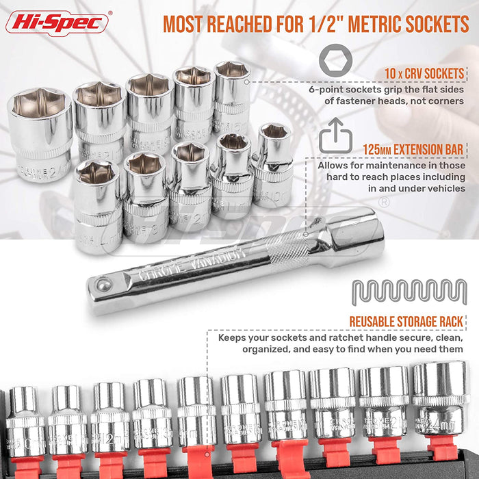 Hi-Spec 12 Piece 1/2" Drive Metric Socket Set with Ratchet Wrench Handle