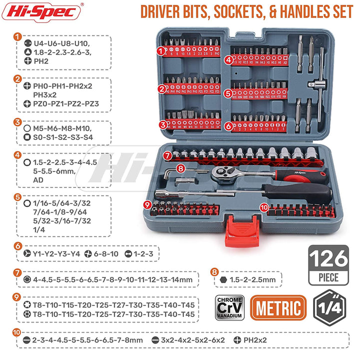 Hi-Spec 126 Piece Driver Bits, Sockets & Handles Set
