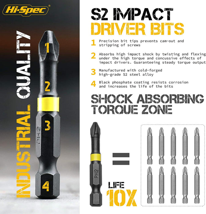 Hi-Spec 44 Piece 1/4” Hex Shank Impact Driver Screw Bits Set
