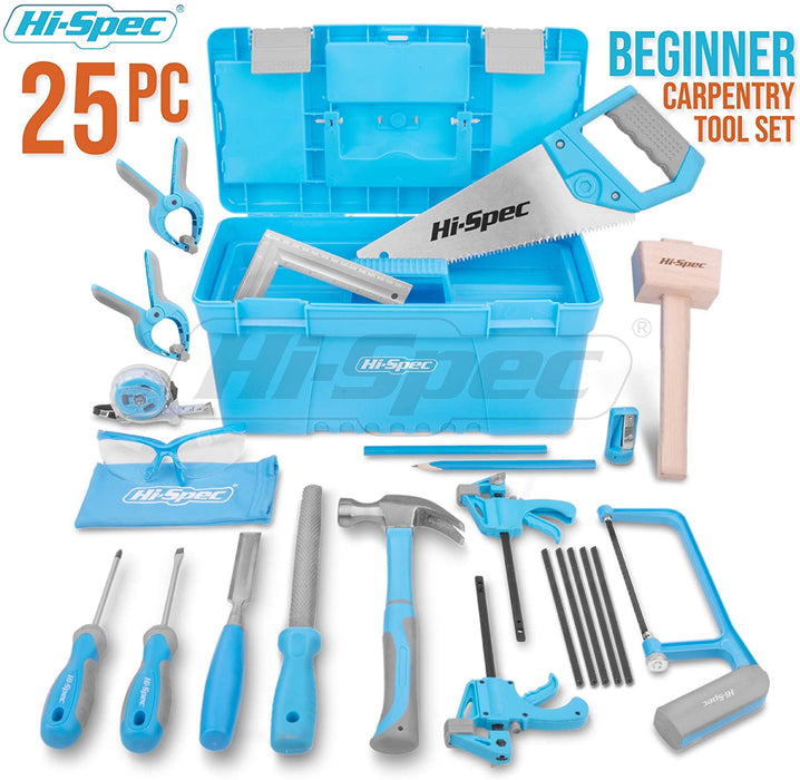 Hi-Spec 25 Piece Beginner Carpentry Tool Set with Tool Box, Wood Carving Tools, 3/4 inch Wood Chisel & Wooden Mallet, Half Round Rasp, Hand Saw, Hacksaw & Woodworking Tools for Kid & Young Carpenters Hi-Spec 25 Piece Beginner Carpentry Tool Set