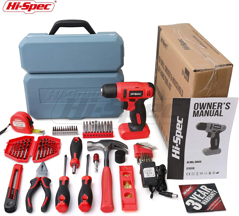 Hi-Spec 57 Piece 8V Electric Power Drill Driver & Home DIY Tool Kit Set