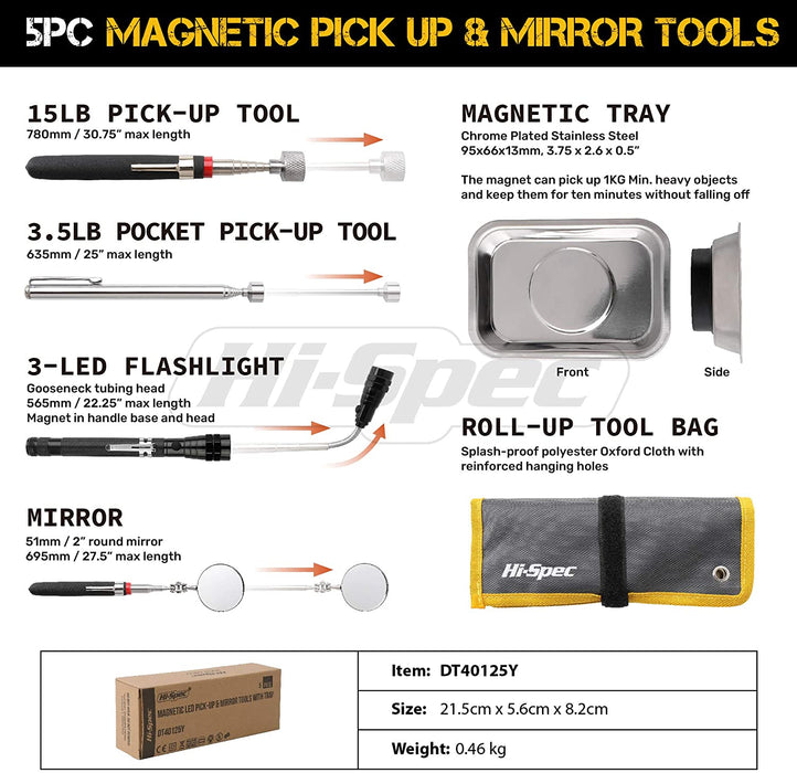 Hi-Spec 5 Piece Magnetic LED Pick-Up & Mirror Tools with Tray. Extending & Telescoping Inspection & Retrieval Sticks with Flexible Neck & Torch Flash Light 